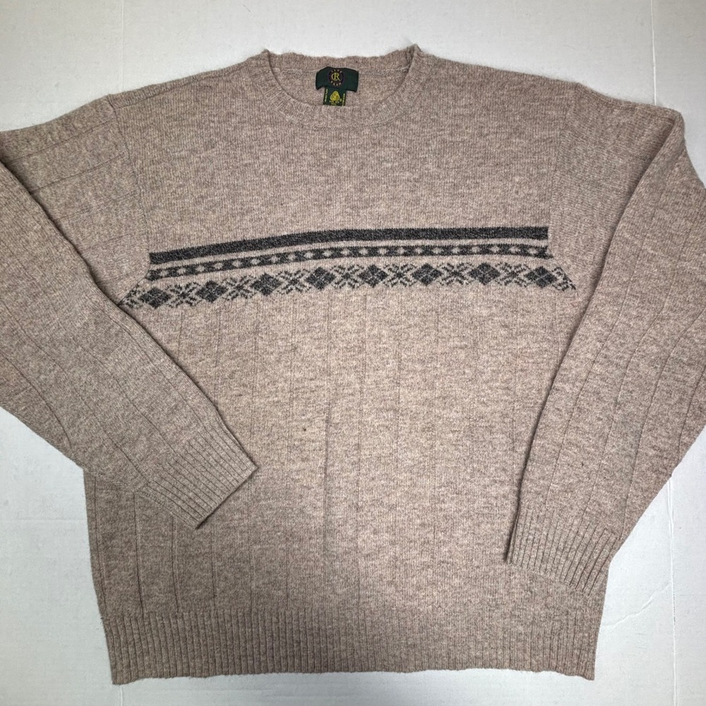 Club Room Mens Sweater Lambswool Fair Isle Large Tan Brown Crew Neck Knit EUC